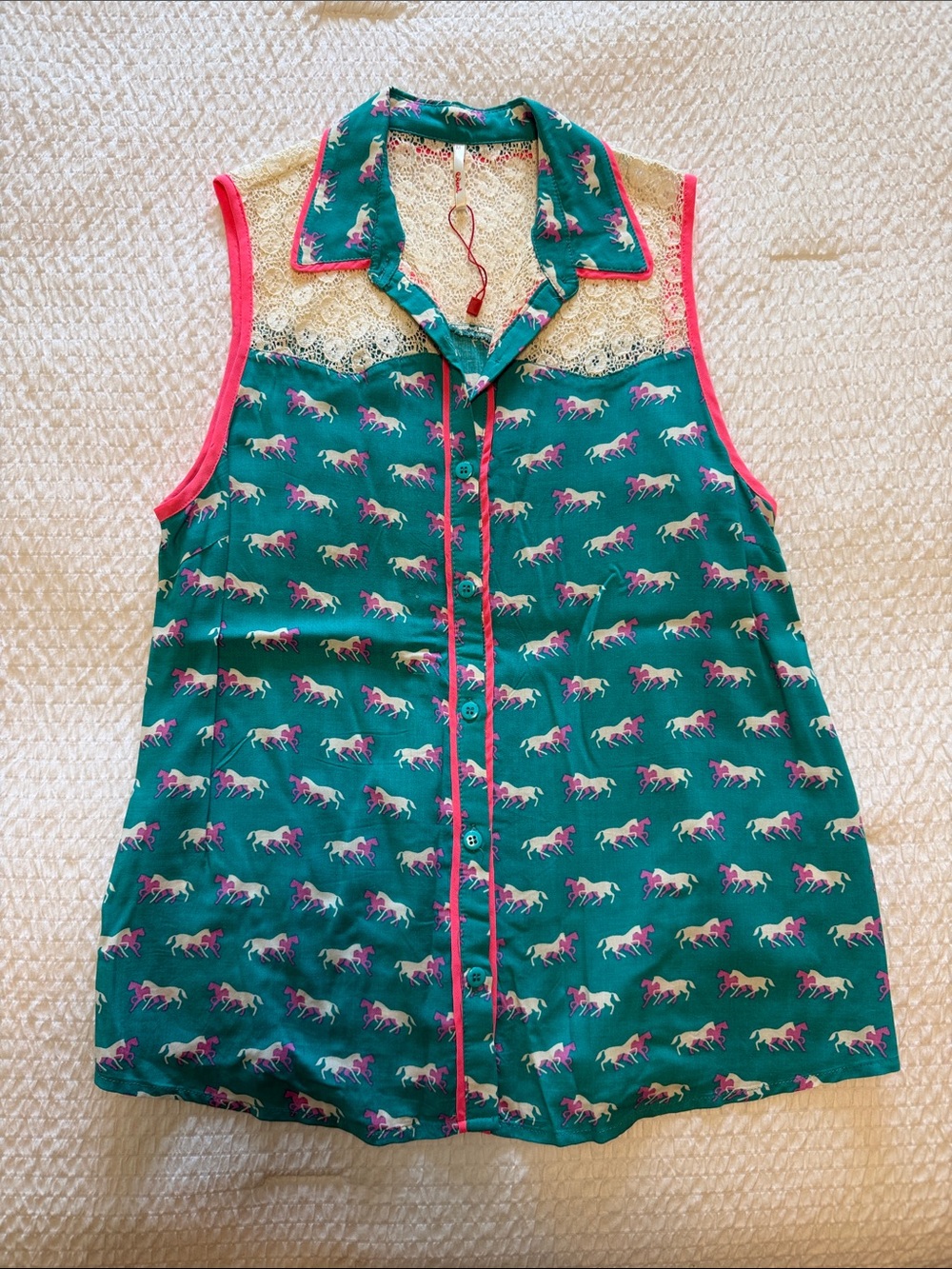 Event Teal Sleeveless Top with Hot Pink and Cream Horse Print size Medium